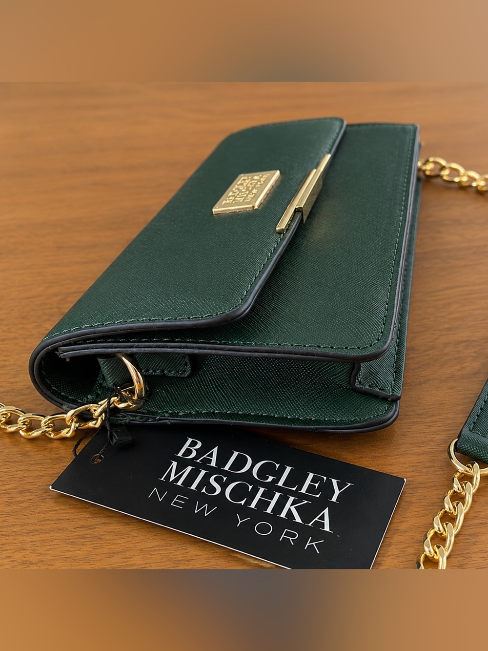 Badgley Mischka Deep Green Crossbody Wallet with Gold I Chain - Picture 6 of 8